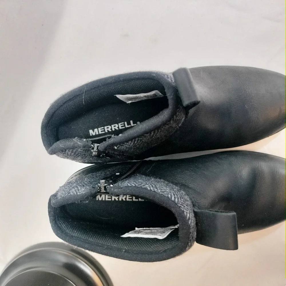 Merrell Black Ankle Boots; Waterproof Leather Wool Herringbone J000886
